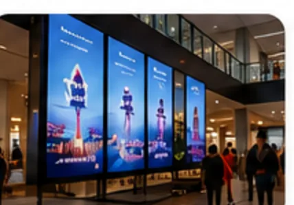 Shopping mall atrium with a large video wall