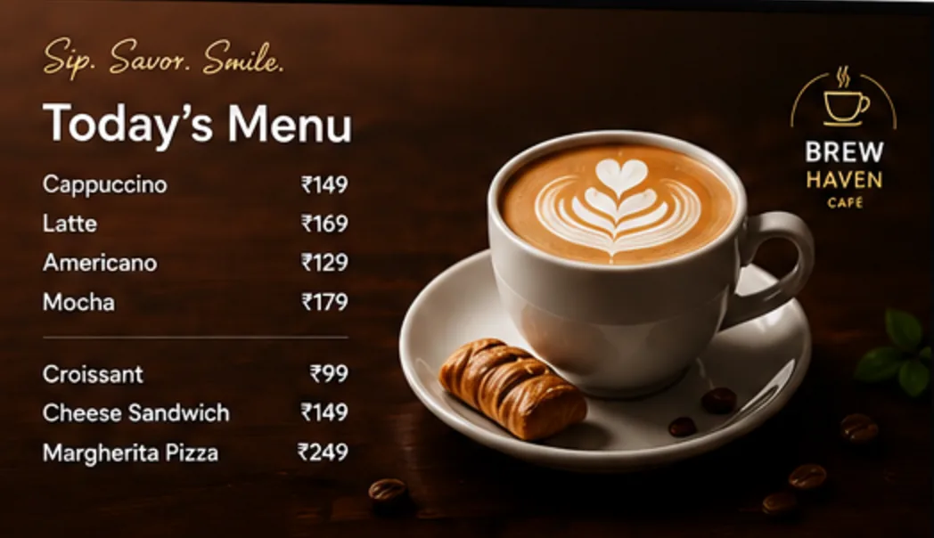 Live café menu screen showing drinks and prices